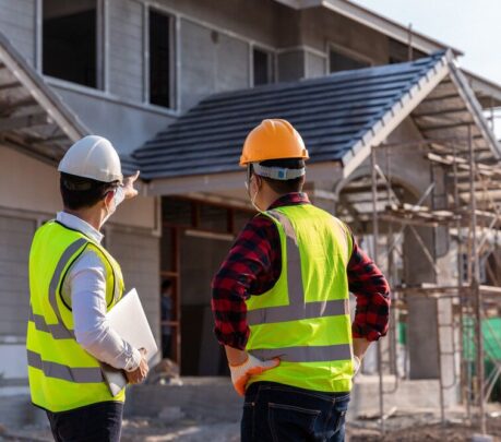 Building inspector discussing pre-purchase inspection findings with a family inside a Cannonvale property.